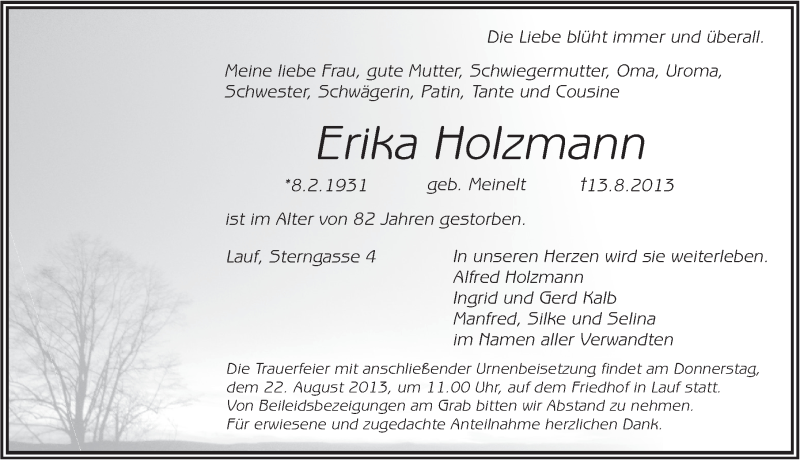  Traueranzeige für Erika Holzmann vom 20.08.2013 aus Pegnitz-Zeitung